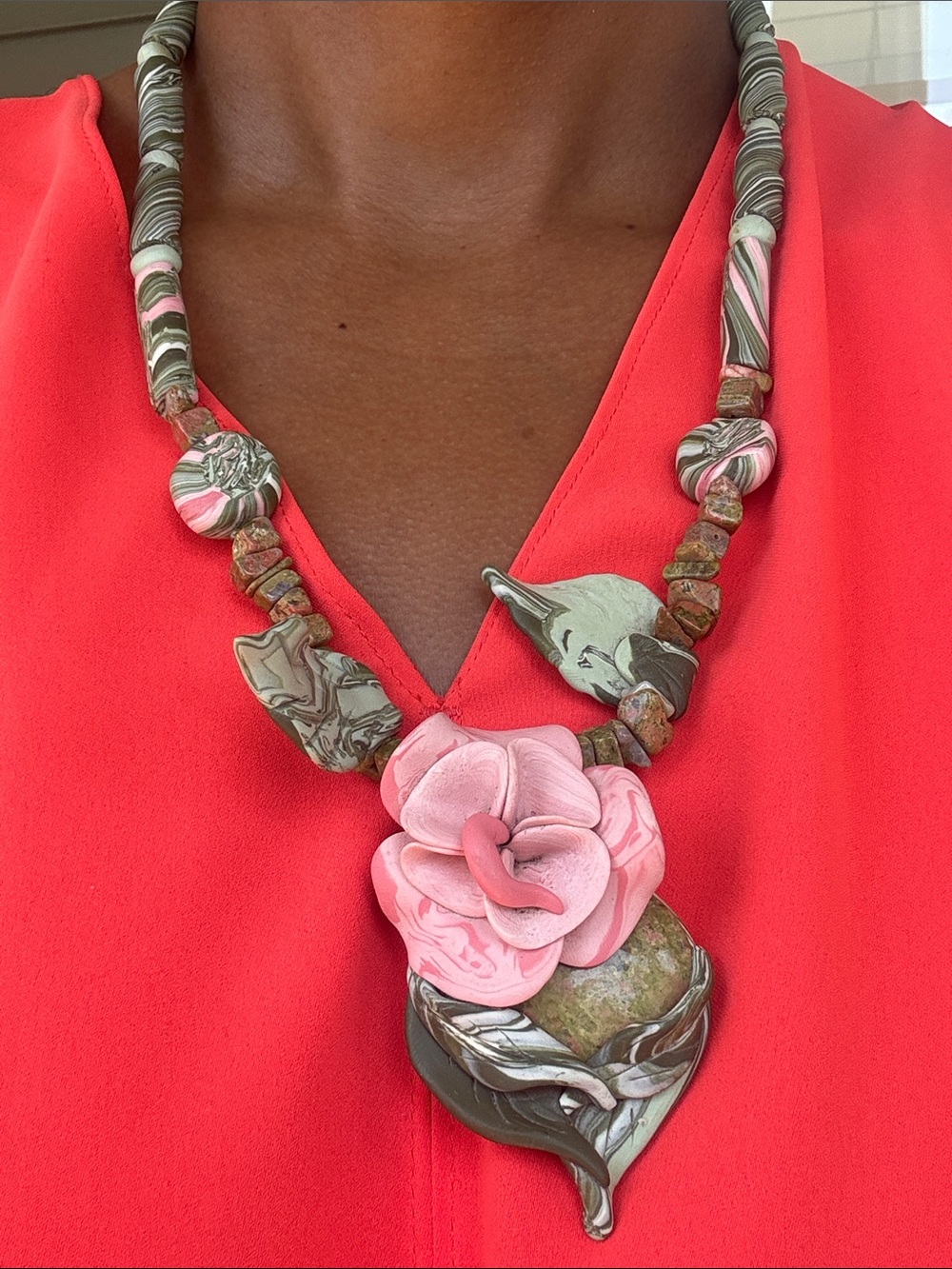Vintage Green and Pink Floral Necklace